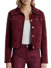 Womenās Burgundy Suede Jacket With Silver Stud Detailing